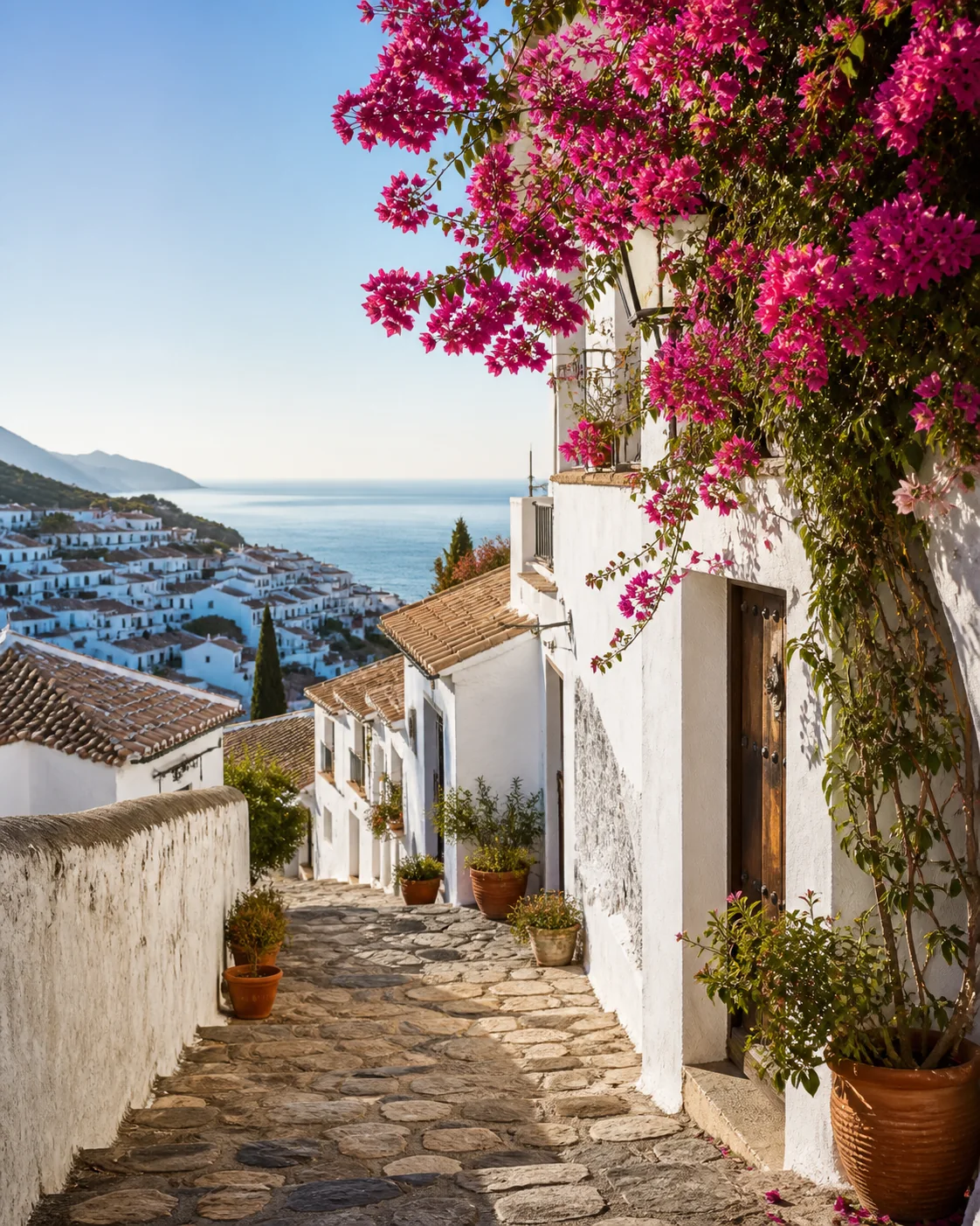 Sunlit Spanish architecture overlooking the coast