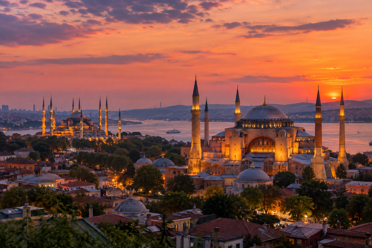 Panoramic view of the historic Sultanahmet skyline and the Hagia Sophia at dusk in Istanbul, Turkey.