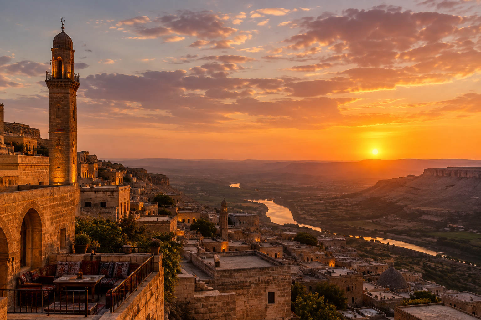 Panoramic view of stone-carved historic mansions overlooking the vast Mesopotamian plains at sunset in Mardin, Turkey.